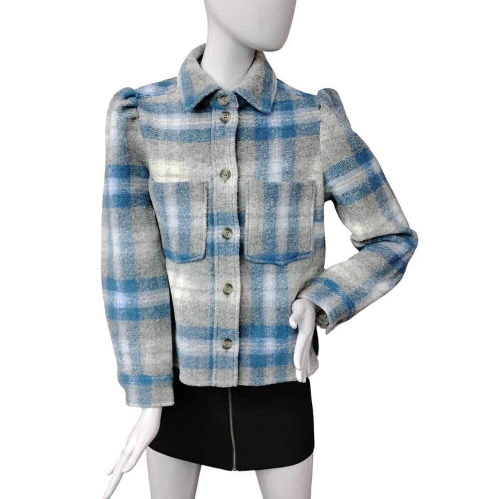 Gap Shirt Jacket Size Small Puff Sleeve Gray and Blue Wool Blend Button Down